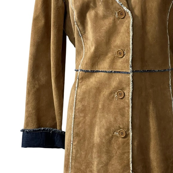 Scully Suede Leather Denim Lined Coat Tan Western Raw Edge Seam Jacket Womens - Picture 3 of 10